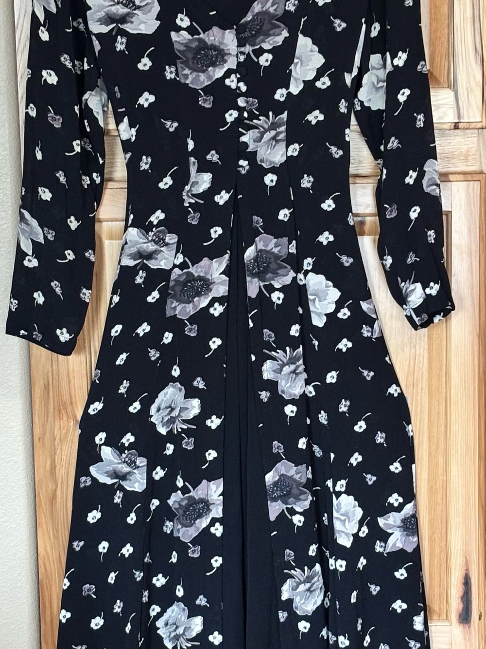 Vintage 90s Nostalgia Black Floral Rayon Godet Dress Whimsigoth S